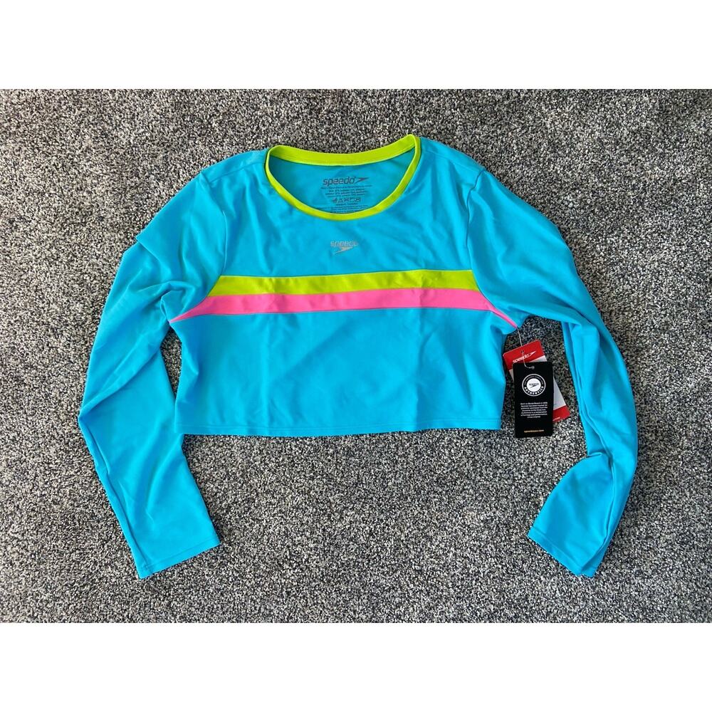 NWT Girls XL Speedo Long Sleeve Cropped Rash Guard Top UPF50+ Block the Burn